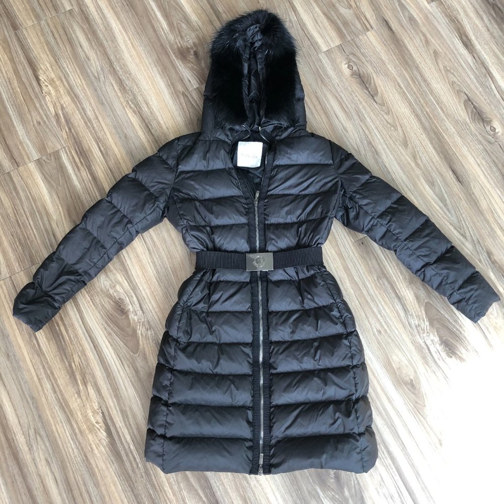 Moncler Long Coat Fur Trim Belted Black and Free Silk Face Mask